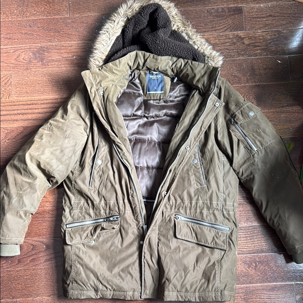 Green Hooded Parka with Faux Fur Trim